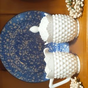 Milk glass sugar with lid and creamer bumpy white